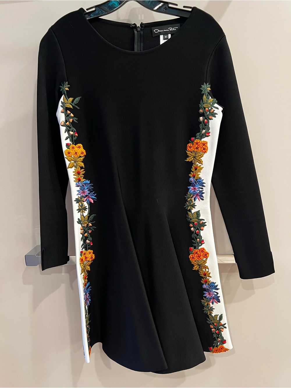 Oscar de la Renta Black A-Line Dress with Multicolor Floral Embroidery